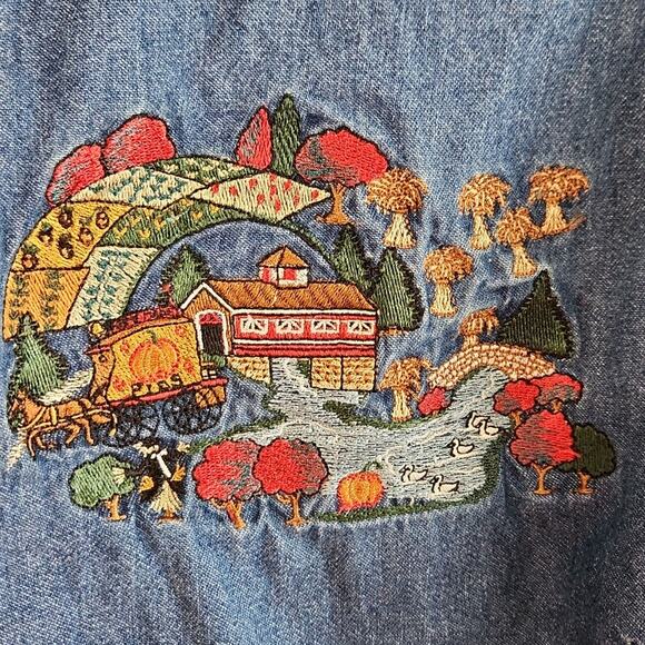 Cabin Creek Womens Denim Button Front Shirt Size PL Embroidered Farm Pumpkin - Picture 5 of 11
